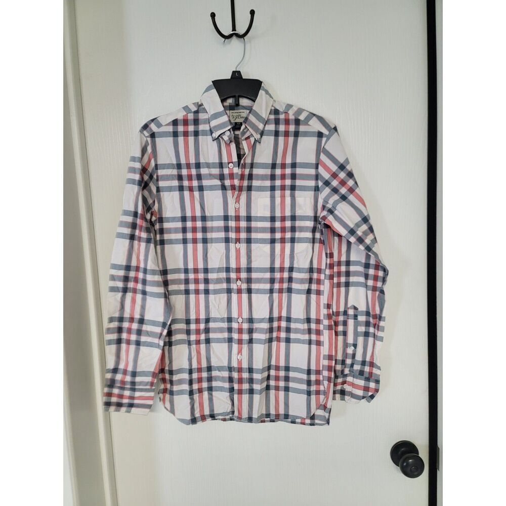 ~ mens plaid button up white, orange, and grey sewn for j crew dress shirt - XS